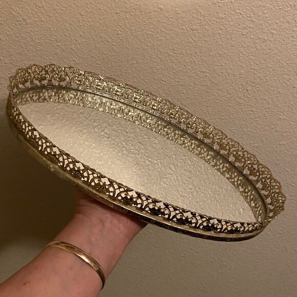 Vintage Vanity Mirror Tray, Large Oval, Gold Plated Ornate  Ornate Gold Oval Mirror Tray